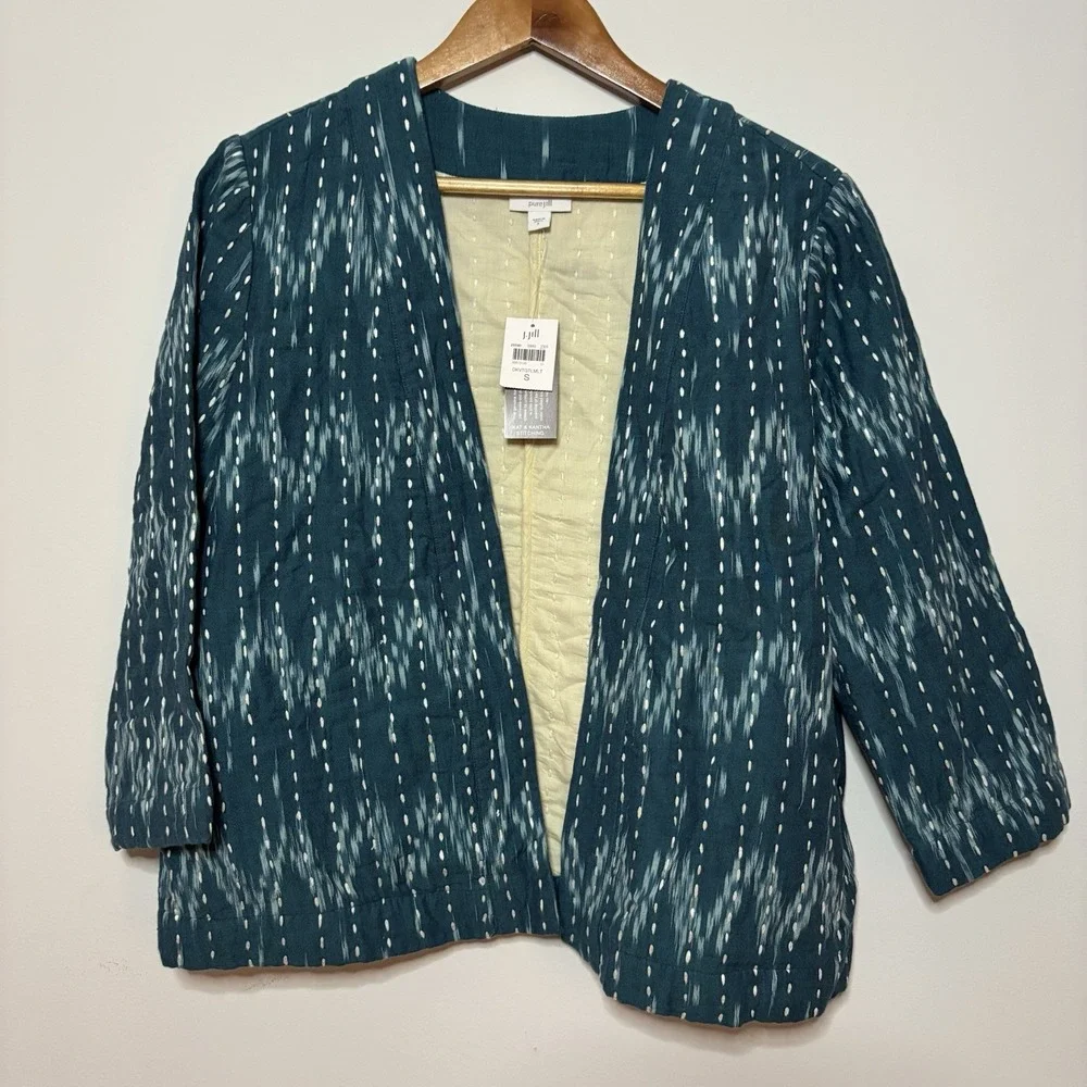J. Jill Pure Jill Kantha Stitched Ikat Jacket Kimono Sari Open Front Teal Blue S